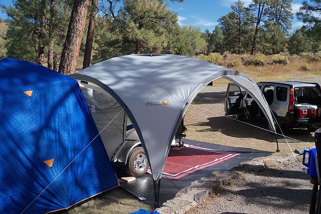 View NNE showing Little Guy Trailer, Coleman Event Shelter, Napier Sportz 82000 SUV Tent at Campsite 4 at the Upper End Campground in the Gila National Forest, New Mexico.jpg