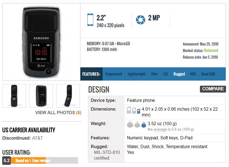 Samsung Rugby 2 flip-phone (used from 2010 to Sept.2012).JPG